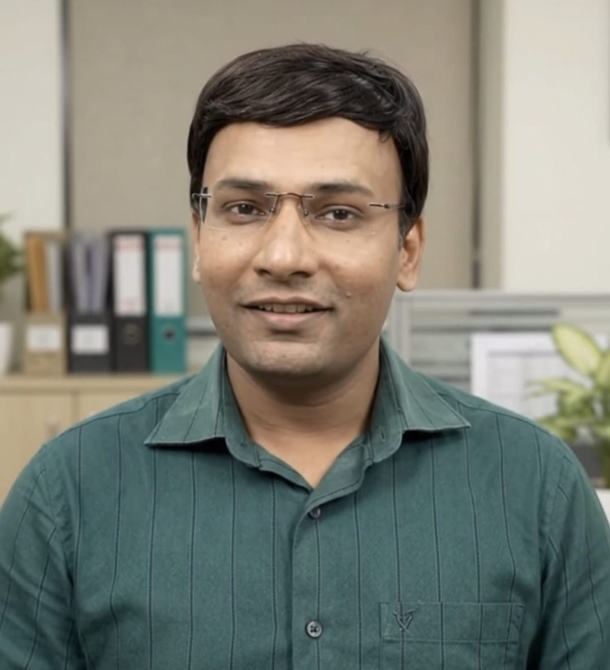 Dr. Prahlad Kumar, founder of Vedanta Capital, photographed head and shoulders in an office, wearing a green striped shirt and rimless glasses.