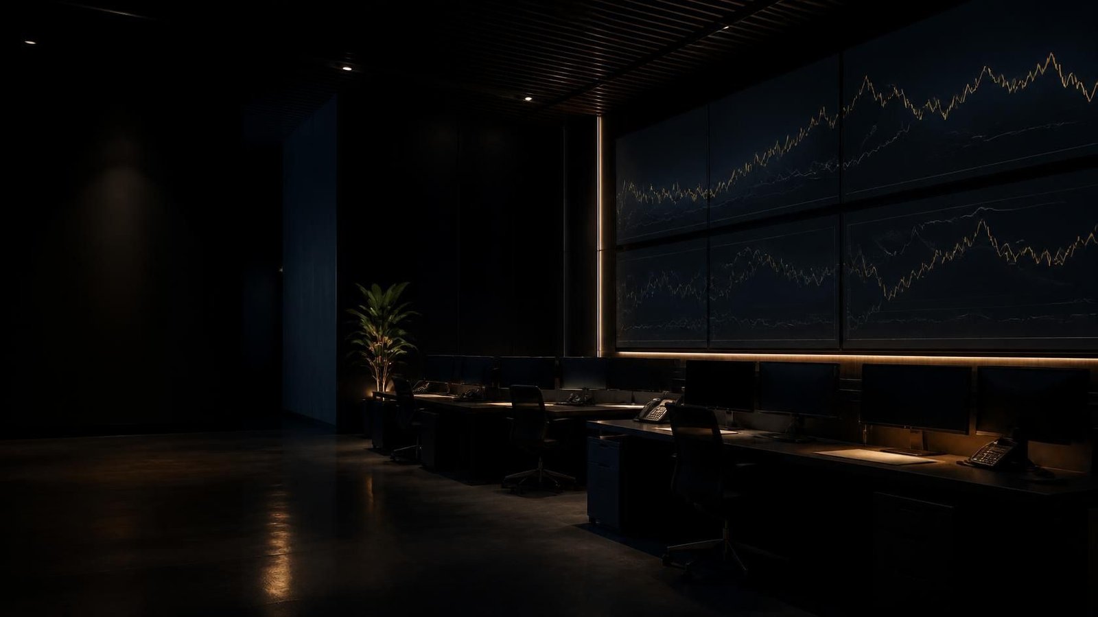 A quiet trading floor at night, with abstract chart lines on dark screens and no readable prices