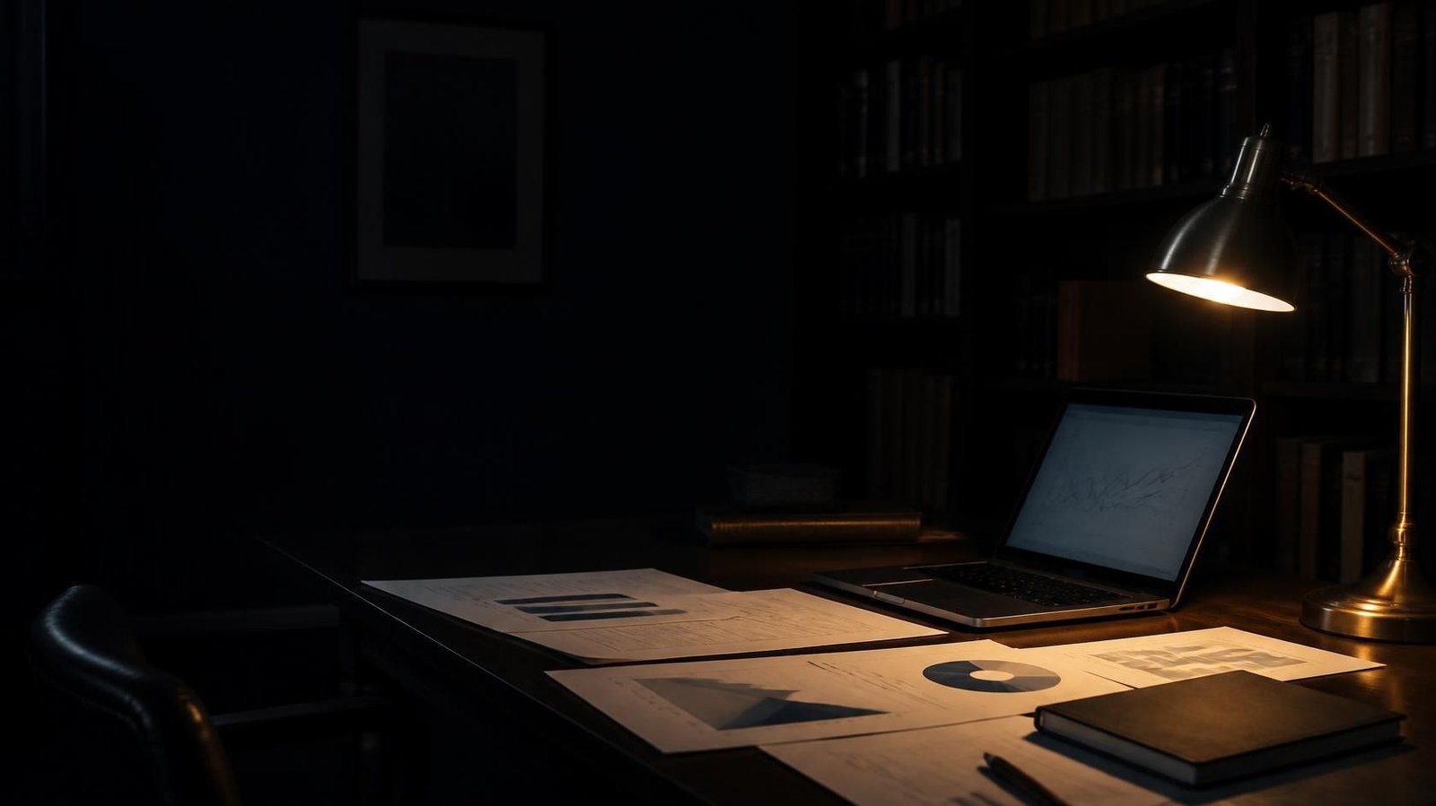 A research desk at night with a lamp, a laptop, and papers, and no readable text