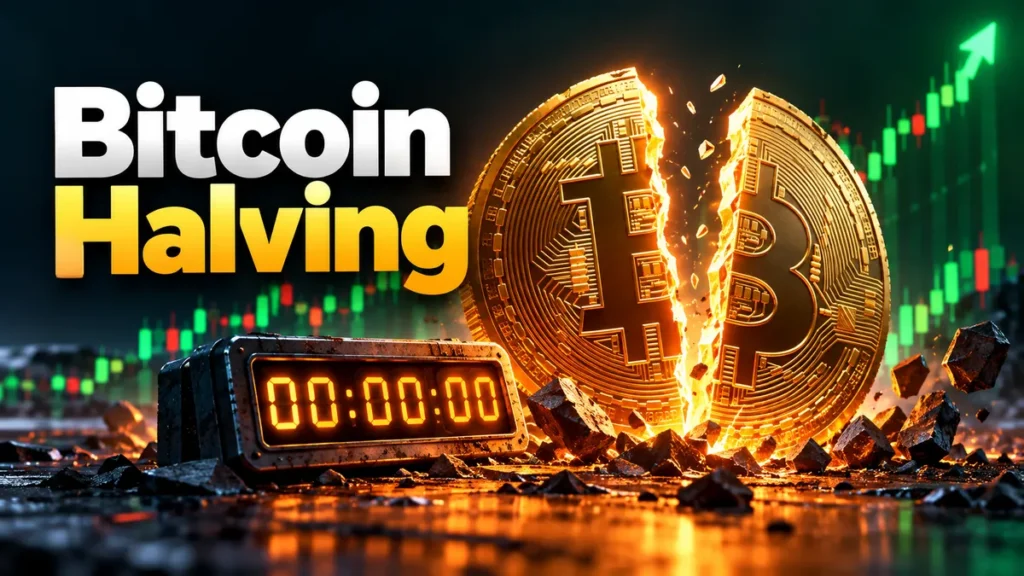 Bitcoin halving explained - golden Bitcoin coin splitting in half beside a countdown timer and price chart