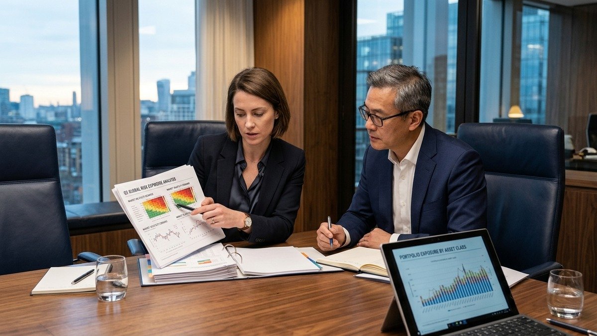 Risk management officer and portfolio director reviewing scenario stress-testing models - Vedanta Capital