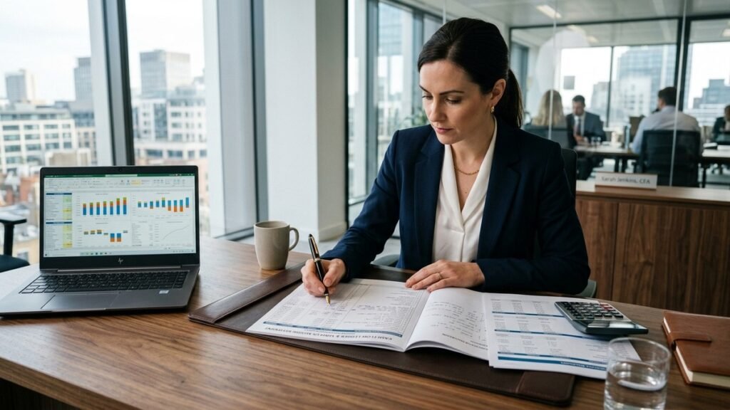Corporate treasurer and CFO reviewing working capital analytics, receivables aging, and cash conversion models in modern corporate headquarters - Vedanta Capital